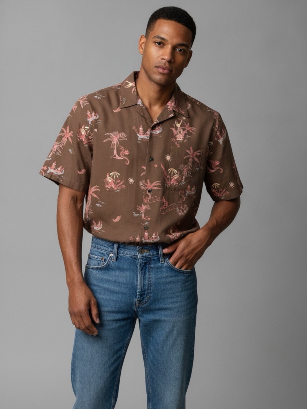 MANAAKI Men's Short Sleeve Brown Tropical Print Shirt - XL Vtg, rare Myths print